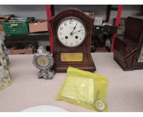 A French mantel clock, Samuel Marti pendulum movement, wooden waisted case with inlaid stringing, 10 1/2" 8 1/4", white ename