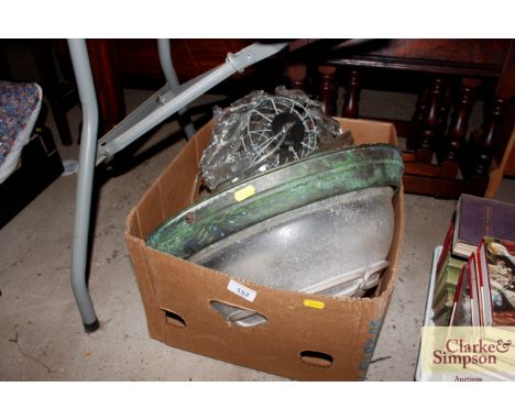 A box containing a large vintage glass light fitting and others 