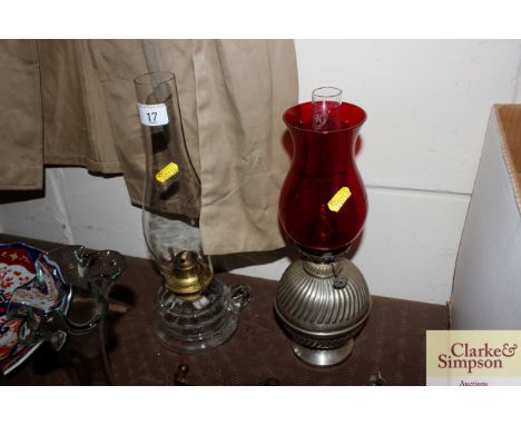 A glass oil lamp with Hinks burner and one other 