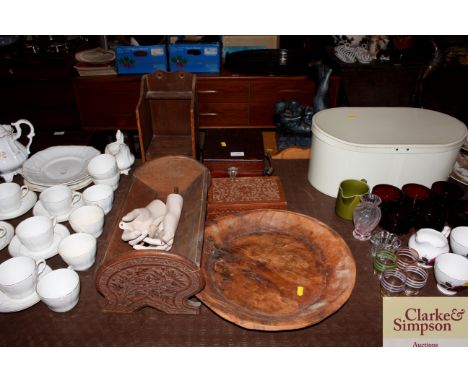 A pair of mannequin hands  AF; a carved book trough; a carved wooden trinket box; a dug out wooden bowl; and a volt meter