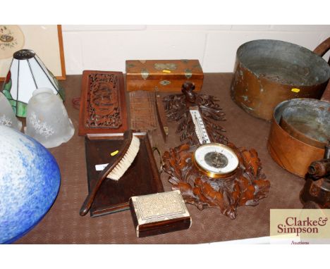 A quantity of wooden items to include a glove box, a carved oak barometer AF, a brush and slide, trinket box etc.