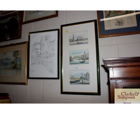 Three Venetian watercolour scenes, framed as one; and a pencil signed limited edition print 