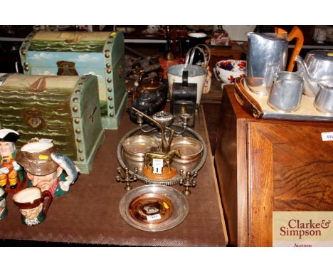 A quantity of various metal ware to include galleried tray, half fluted tea pot, copper and brass tea pot, carriage lamp, cop