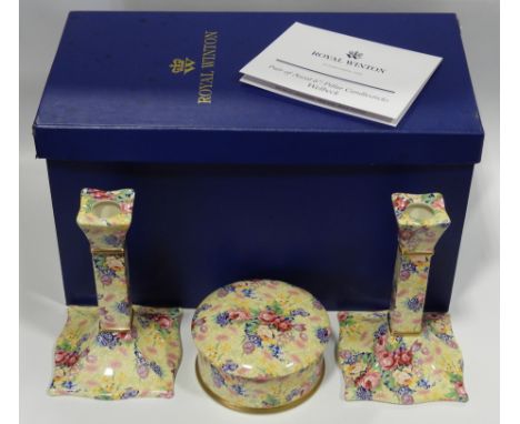 ROYAL WINTON ASCOT CHINTZ 6' PILLAR CANDLESTICKS & TRINKET BOX & COVER 