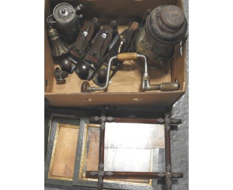 2 STANLEY PLANES (BAILEY 4 1/2 + 4), ACORN PLANE, TILLEY LAMP & BRACE, 3 PCES PLATED WARE + 4 FRAMES 