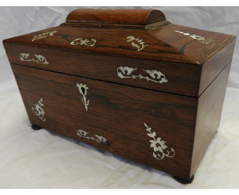 ROSEWOOD MOTHER OF PEARL INLAID SARGOPHOGUS TEA CADDY 