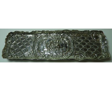 SILVER PEN TRAY ON RAISED FEET WITH DECORATION 