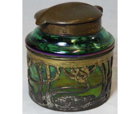 DECO METAL & GREEN GLASS INKWELL 