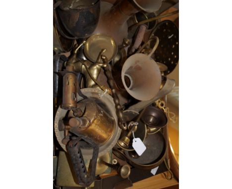 Assorted brass ware to include a blow lamp  