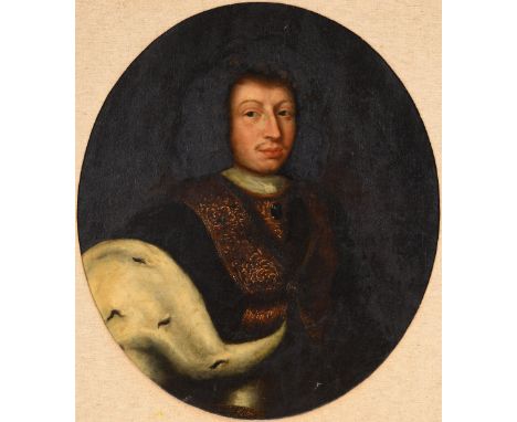 English school, 18th century, a half lenght portrait of a gentleman, oval, oil on canvas board, 74 x 65 cmIn a modern frame 