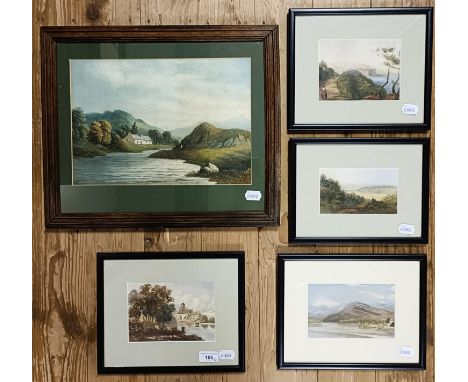 H Macens, landscape, watercolour, signed and dated 1886, 24 x 35 cm, and four other watercolour landscapes, unsigned (5)Lands