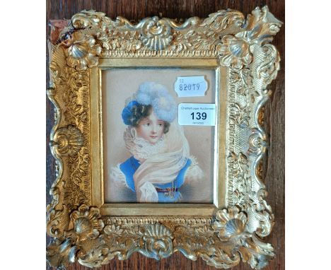 A portrait of a lady in a blue dress, watercolour, 14 x 10 cmVarious losses to the frame, some foxing to the picture 