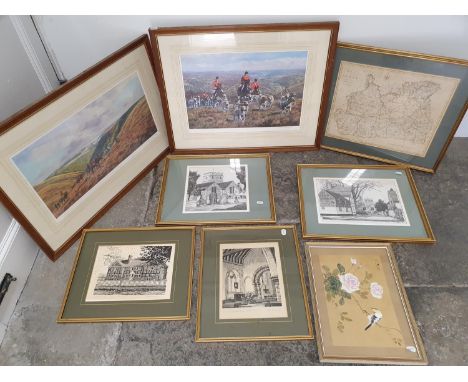 A hunting print, 35 x 69 cm, and assorted pictures and prints (qty) 