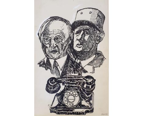 John Randall Bratby (British 1928-1992), a portrait of Adenaur and Charles De Gaulle, pencil and ink, signed, 38 x 25 cm 