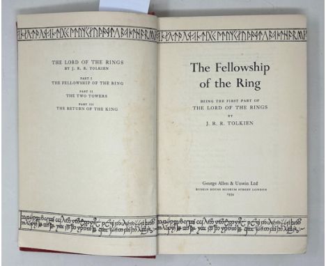 Tolkien (J R), first edition, second impression, The Fellowship Of The Ring, lacking dust jacketCondition very poor, spine ve