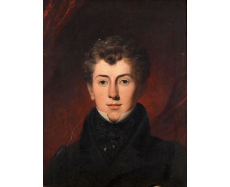 English school, 19th century, a bust portrait of a gentleman, in a black jacket, oil on canvas, 58 x 45 cmSome sign of heat d