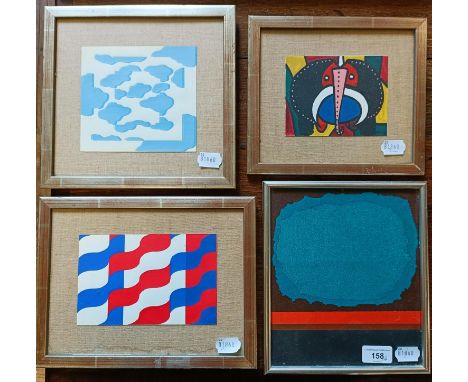 Hawkins, abstract, mixed media, 23 x 19 cm, and three contemporary prints (4) 
