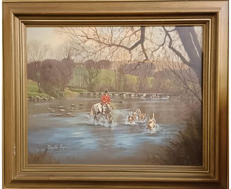 Donald Ayres, the hunt going through a stream, oil on canvas, signed, 40 x 50 cmSome light wear, Overall condition good, some