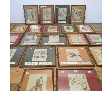 A set of early 20th century alphabet hunting prints, all with mottos, framed (20)Some light foxing, some staining round the m