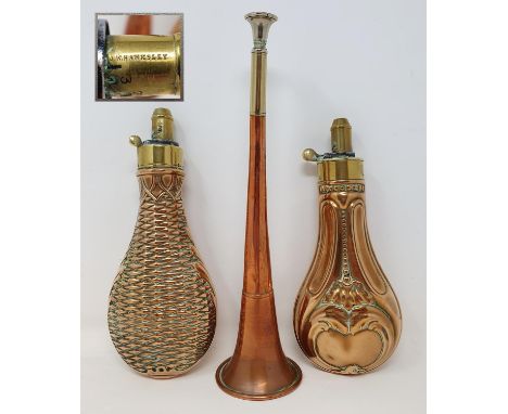 A Victorian basket weave powder flask, 20 cm, another similar and a copper hunting horn (3) 