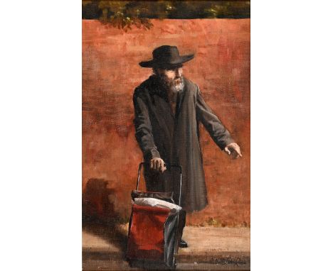 Nicholas St. John Rosse (b 1945), a portrait of a Jewish man with a trolley, oil on board, signed, 40 x 24 cmOverall conditio