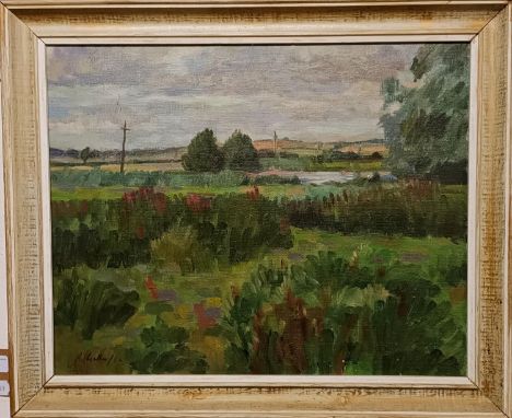 R Weller, The Storm at Sturminster Marshall, oil on canvas, signed, title verso, 40 x 49 cmSome light marks and pinholed area