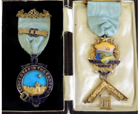 MASONIC JEWELS - Lodge Star of the East (Calcutta) no.67: enamelled silver gilt bi-centennial jewel on light blue ribbon, the