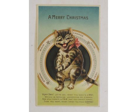 A Louis Wain type Merry Christmas postcard, centred with a manic looking cat with moveable tail against a barometer dial, pri