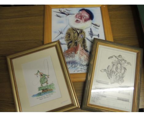 A caricature print of Buster Merryfield as the Only Fools and Horses character autographed and together with two framed carto