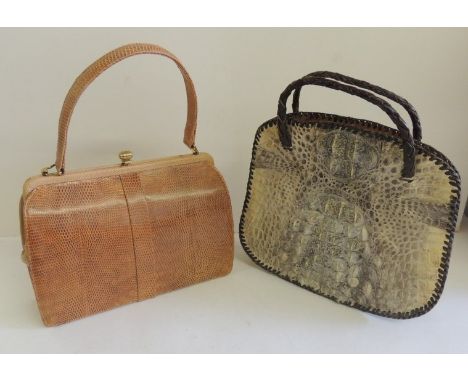 A light brown lizard skin handbag by Mappin and Webb, London with small gilt metal clasp, unused, and together with a light c