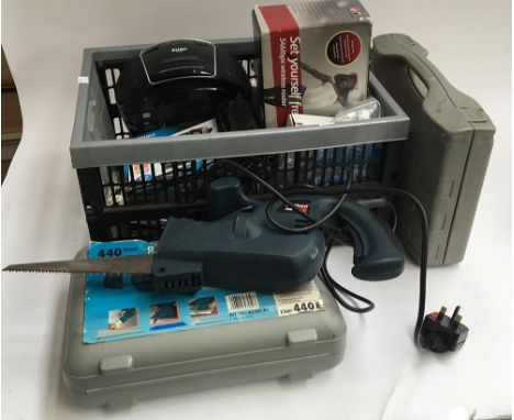 A mixed box of tools, electronics, some camera equipment, camcorders etc 