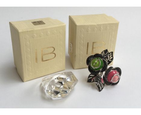 Chunky quartz/glass ring formed from one piece together with a large ring featuring roses and a bee decorated in enamel and t
