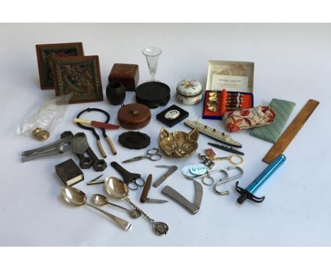 An interesting lot of various items, to include flatware, silver spoons and matchbox, various pen knives, Corgi battleships, 