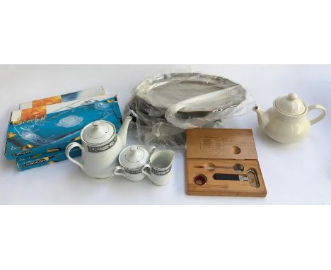 Various catering trays, three piece coffee set and teapot, cased wine thermometer set etc 