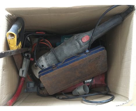 A box of various tools to include socket set, drill, disc cutter, saws etc
