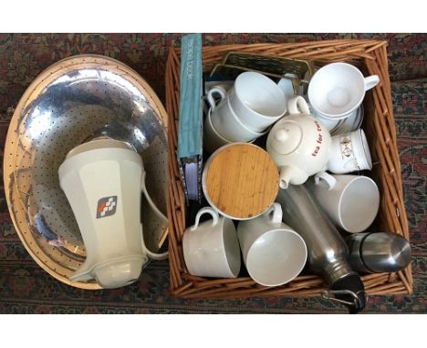 A mixed box of kitchenalia to include Royal Worcester, Thermos flask, Alessi metal bowl, Nicole Farhi, cups and mug, brass tr