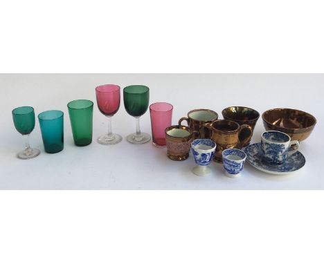 Several coloured glasses, together with a small lustre ware jug, mugs and bowl; blue and white ceramics to include Spode Ital