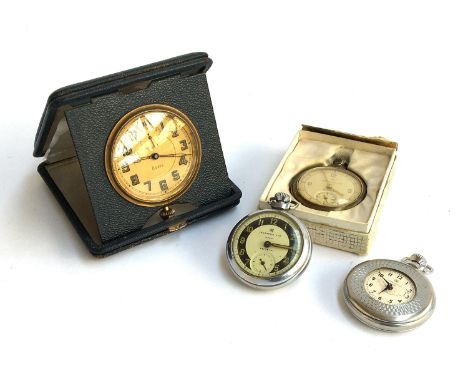 Two Ingersoll Triumph watches; together with one other half hunter Ingersoll Triumph watch and an Eight day travel clock 