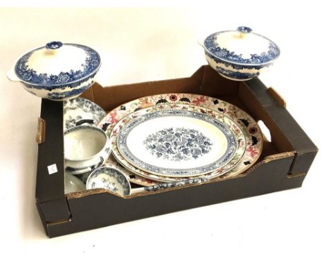 A mixed box of ceramics to include large oval platters Wm Adams &amp; Co ironstone china 45cm longest diameter; Wedgwood; Rid