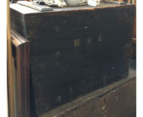 A black painted pine storage trunk, monogrammed HSE, 76x48x57cmH 