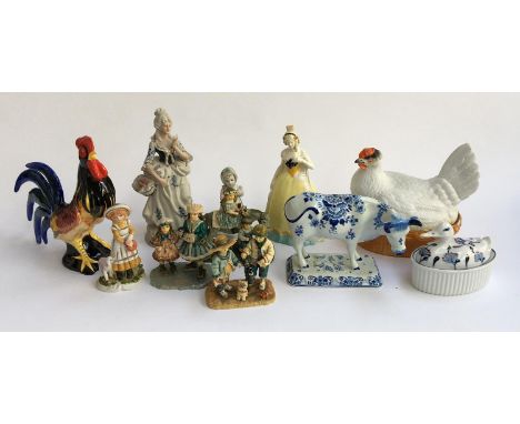 A mixed lot of ceramic figures, to include a Delft cow, studio pottery cockerel, chicken tureen etc 