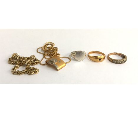 18ct ring set with tiny stone 2.4g, 9ct ring set with white stones 2.8g, silver signet ring, yellow metal bracelet and yellow