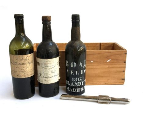 3 Antique dusty wine bottles: 1889 'Smith Haul Lafite' with Sotheby's auction label; 1820 Finest Boal Madeira; 1863 Boal Made