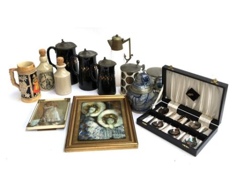 A mixed lot to include a graduated set of three lidded jugs, stoneware bottles, Circe Chardin enamel on copper picture 'Two A