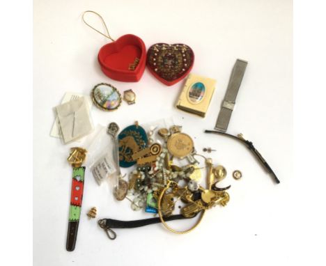 Le Cheminant ladies watch, pair of 9ct gold earrings (gross weight 1.4g, enamel painted brooch and a box of other items