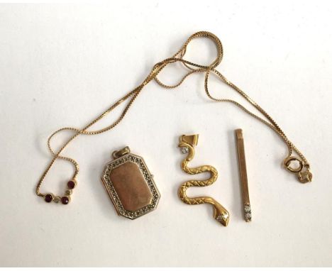 9ct gold locket, 9ct pendant in slim bar form with 2 small diamonds, 9ct ruby and diamond necklace, snake pendant set with 3 