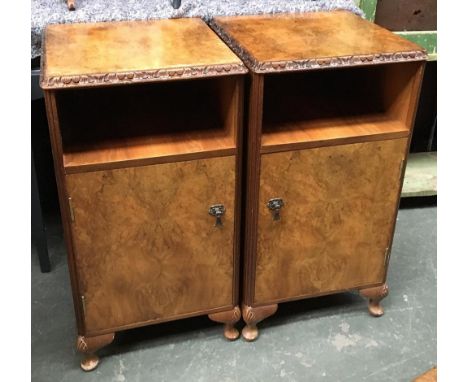 A pair of burr walnut veneer bedside cabinets, each with shelf over cupboard, 39x39x72cmH 