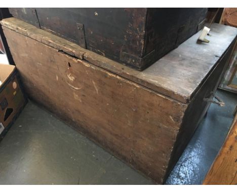 A 19th century pine trunk, with rope handles, 91x61x50cmH 