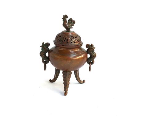 A Japanese twin handled copper censer with cockerel finial, on tripod base, 18cmH 