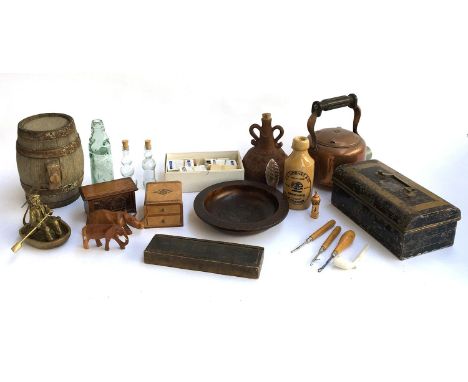 A mixed lot to include marquetry trinket box, pencil box, clay pipe, brass figure of a man in rowing boat, stoneware bottle, 